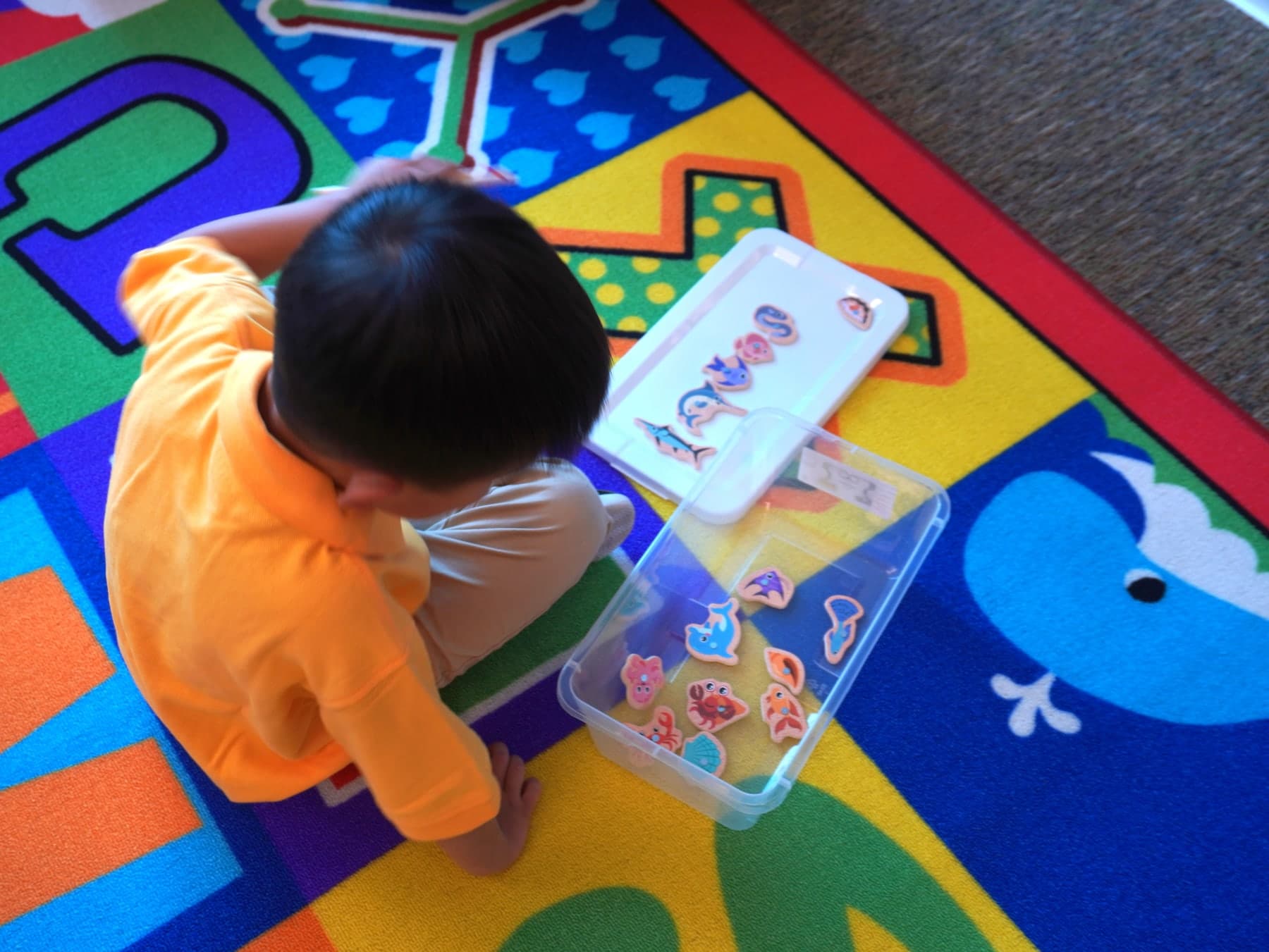 A child sorting letter pieces on an alphabet rug in a Shining Light classroom